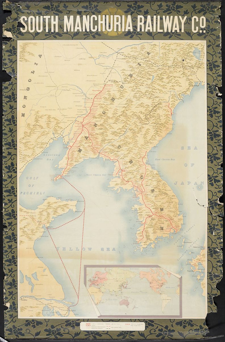 South Manchuria Railway Company map of South Manchuria and Korea, showing rail routes across the peninsula and the Yellow Sea.